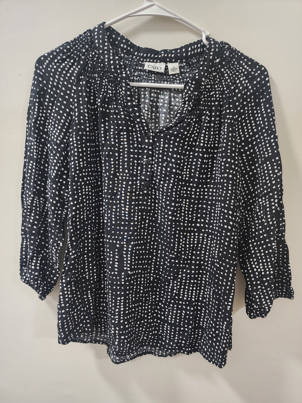 Cato Black & White Dot Abstract Print Henley Blouse Size M
